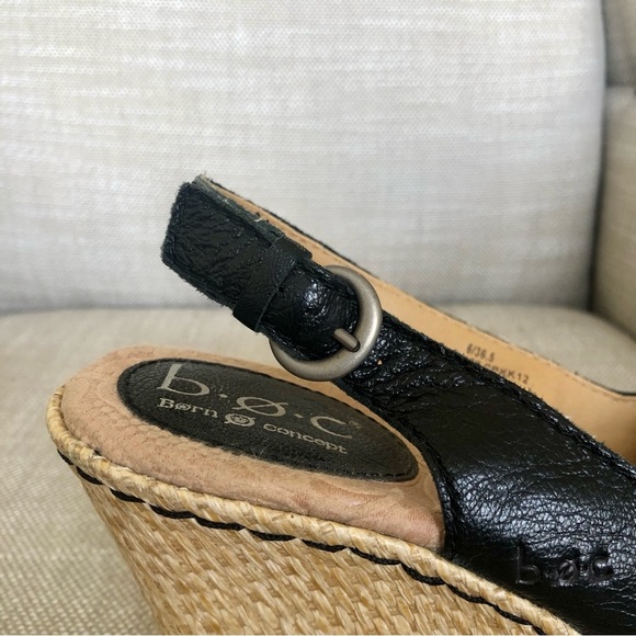 Born b.o.c Wedge Sandals Size 6 Slingback Floral Black Leather Comfy Chic - Picture 8 of 12